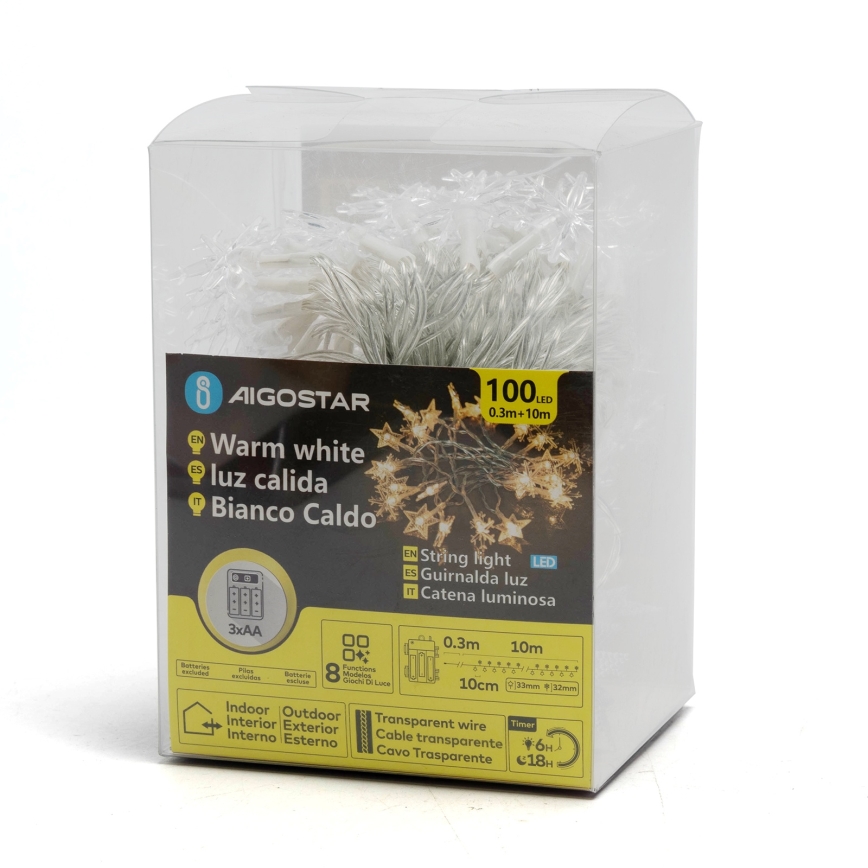 Aigostar - LED lauko kalėdinė girlianda 25xLED/8 funkcijų 3xAA 2,5m IP44 šiltai balta žvaigždės