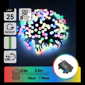 Aigostar - LED Lauko kalėdinė girlianda 25xLED/8 funkcijų 3xAA 2,8m IP44 įvairiaspalvė