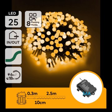 Aigostar - LED Lauko kalėdinė girlianda 25xLED/8 funkcijų 3xAA 2,8m IP44 šilta balta