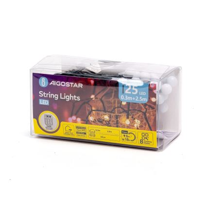Aigostar - LED Lauko kalėdinė girlianda 25xLED/8 funkcijų 3xAA 2,8m IP44 šilta balta
