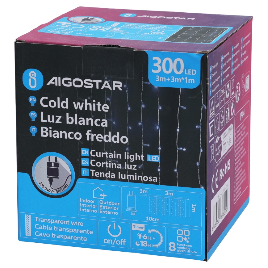Aigostar - LED lauko girlianda 300xLED/8 funkcijų 3x1m IP44 šaltai balta + nuotolinis valdymas