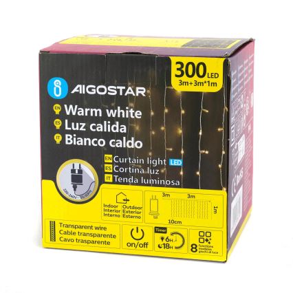 Aigostar - LED lauko girlianda, 300 LED / 8 režimų, 3 x 1 m, IP44, šiltai balta + nuotolinis valdymas