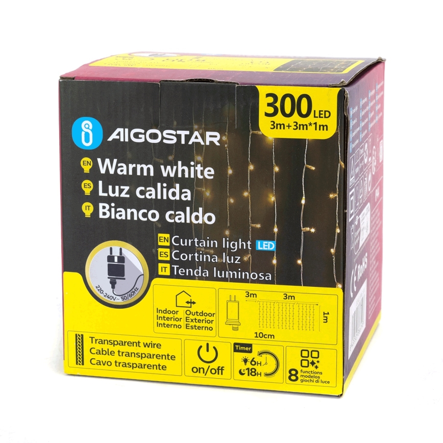 Aigostar - LED lauko girlianda, 300 LED / 8 režimų, 3 x 1 m, IP44, šiltai balta + nuotolinis valdymas