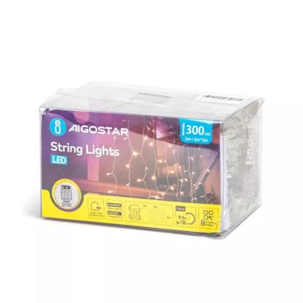 Aigostar - LED lauko kalėdinė girlianda 300 LED / 8 režimai / 3×AA / 6×3 m / IP44 / šilta balta
