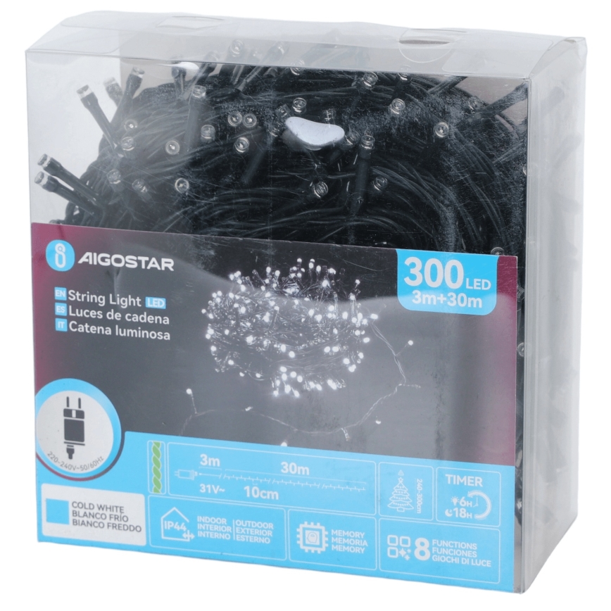 Aigostar - LED lauko kalėdinė girlianda 300xLED/8 funkcijų 30m IP44 šaltai balta
