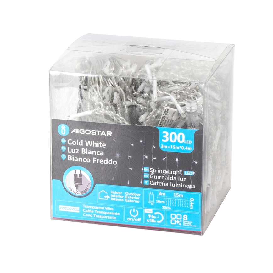 Aigostar - LED lauko kalėdinė girlianda 300xLED/6W/230V/8 funkcijų 15x0,4m IP44 šaltai balta