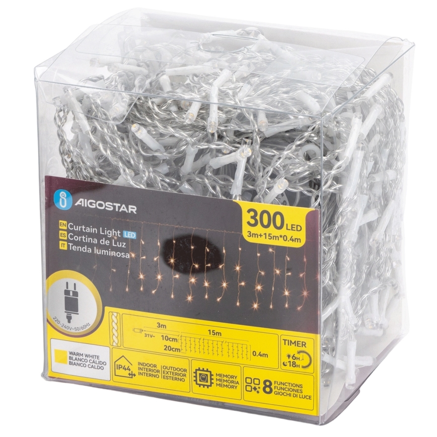 Aigostar - LED lauko kalėdinė girlianda 300xLED/8 funkcijų 15x0,4 m IP44 šilta balta