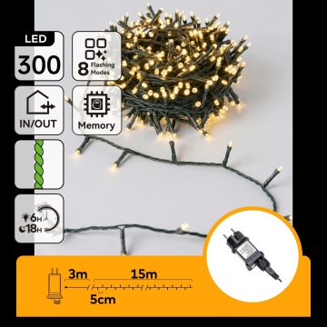 Aigostar - LED Lauko kalėdinė girlianda 300xLED/8 funkcijos 18m IP44 šiltai balta