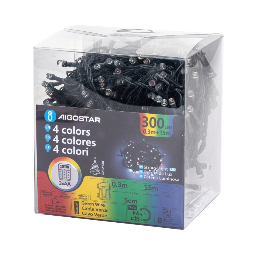 Aigostar -LED Lauko kalėdinė girlianda 300xLED/8 funkcijų 3xAA 15,3m IP44 daugiaspalvė