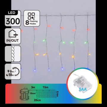 Aigostar - LED Lauko kalėdinė girlianda 300xLED/8 funkcijų 3xAA 18x0,4m IP44 daugiaspalvė