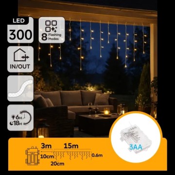 Aigostar - LED lauko kalėdinė girlianda 300xLED/8 funkcijų 3xAA 18x0,6 m IP44 šiltai balta
