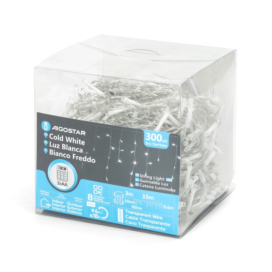 Aigostar - LED lauko kalėdinė girlianda, 300 LED, 8 režimai, 3xAA, 18x0,6 m, IP44, šaltai balta