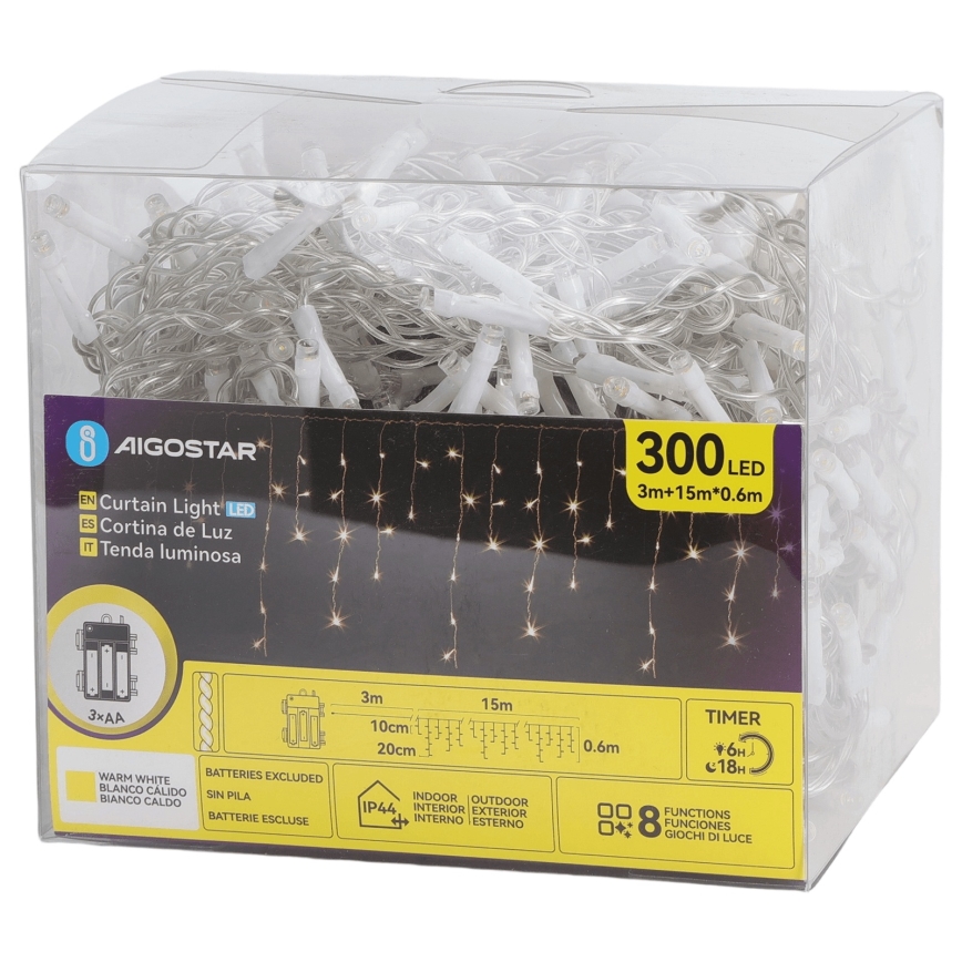Aigostar - LED lauko kalėdinė girlianda 300xLED/8 funkcijų 3xAA 18x0,6 m IP44 šiltai balta