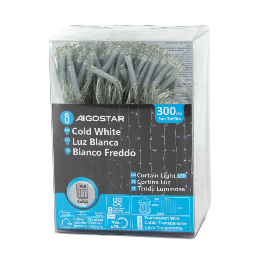 Aigostar - LED Lauko kalėdinė girlianda 300xLED/8 funkcijų 3xAA 6x2m IP44 šaltai balta