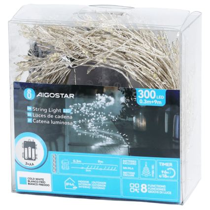 Aigostar - LED lauko kalėdinė girlianda 300 LED/8 funkcijų 3xAA 9,3 m IP44 šaltai balta