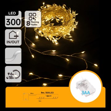 Aigostar - LED lauko kalėdinė girlianda 300xLED/8 funkcijų 3xAA 9,3m IP44 šiltai balta