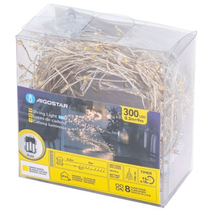 Aigostar - LED lauko kalėdinė girlianda 300xLED/8 funkcijų 3xAA 9,3m IP44 šiltai balta