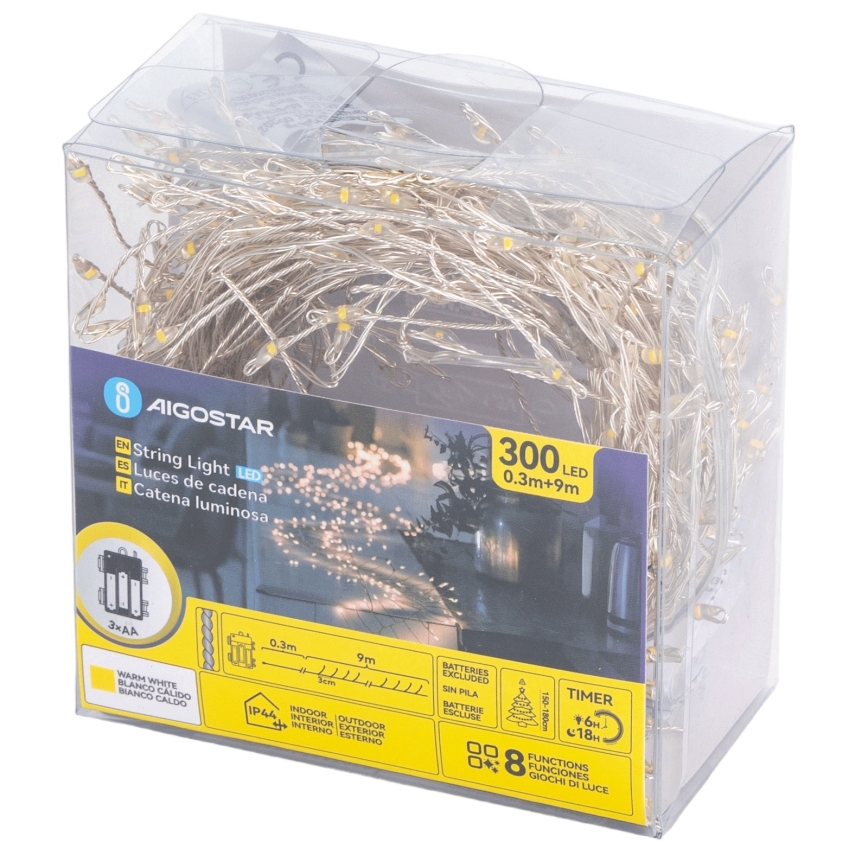 Aigostar - LED lauko kalėdinė girlianda 300xLED/8 funkcijų 3xAA 9,3m IP44 šiltai balta