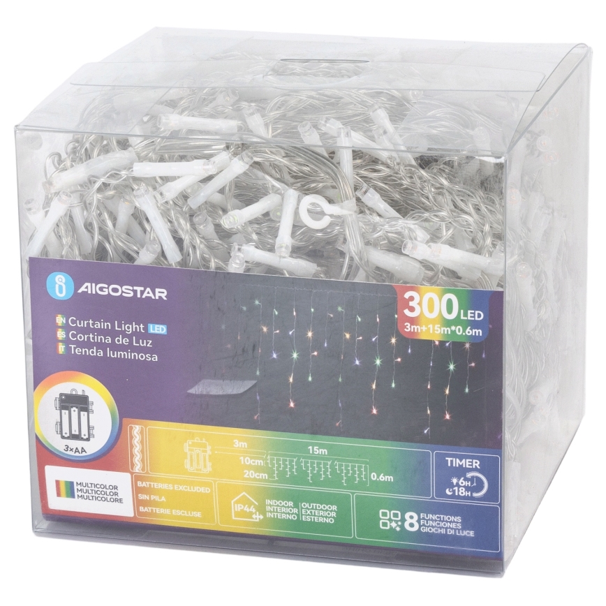 Aigostar - LED lauko kalėdinė girlianda 300xLED/8 funkcijų 3xAA 18x0,6 m IP44 daugiaspalvė
