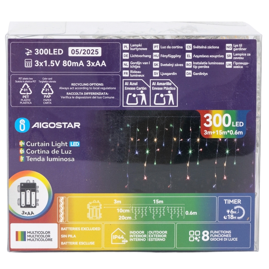 Aigostar - LED lauko kalėdinė girlianda 300xLED/8 funkcijų 3xAA 18x0,6 m IP44 daugiaspalvė
