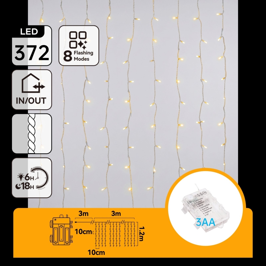 Aigostar - LED Lauko kalėdinė girlianda 372xLED/8 funkcijų 3xAA 6x1,2m IP44 šiltai balta
