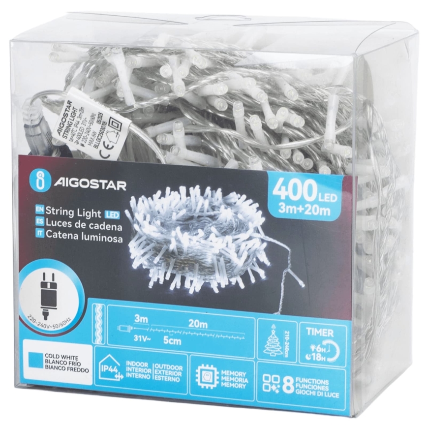 Aigostar - LED lauko kalėdinė girlianda 400 LED/8 funkcijų 23 m IP44 šaltai balta