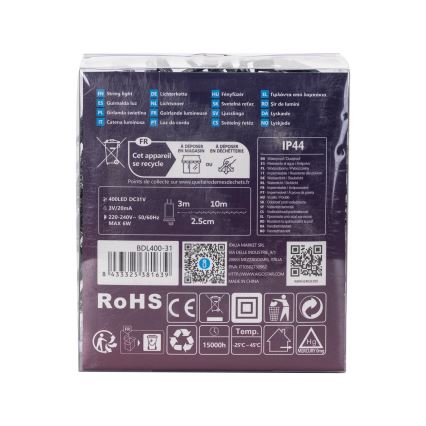 Aigostar - LED Lauko Kalėdinė girlianda 400xLED/8 funkcijos 13m IP44 šalta balta