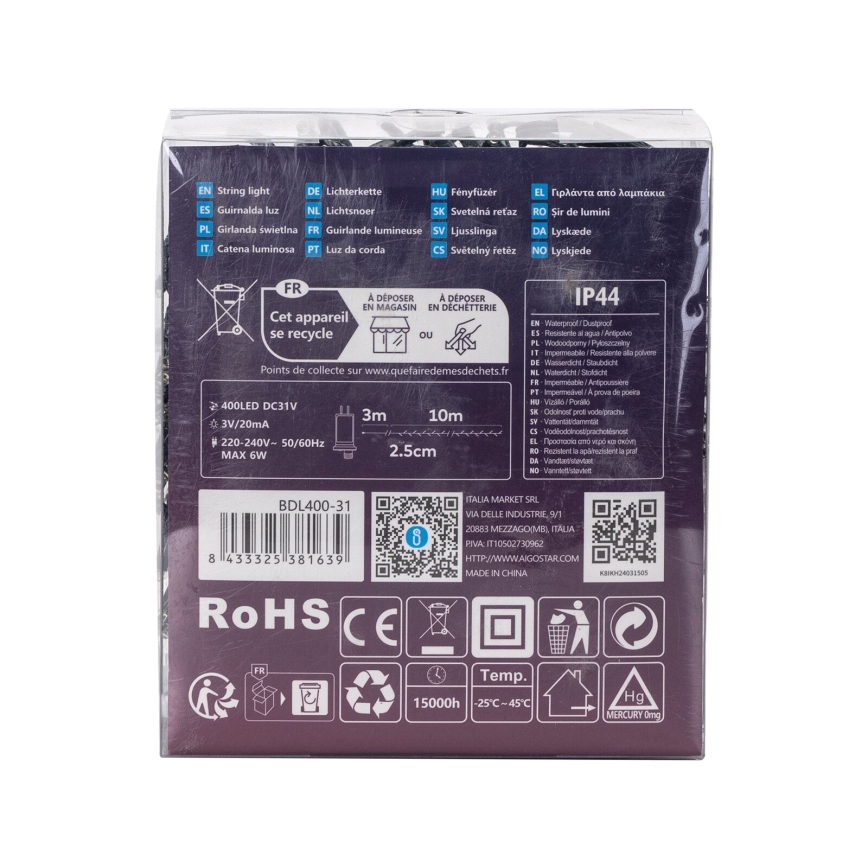 Aigostar - LED Lauko Kalėdinė girlianda 400xLED/8 funkcijos 13m IP44 šalta balta