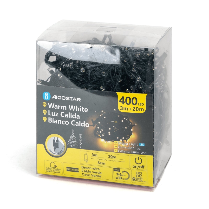 Aigostar - LED Lauko Kalėdinė girlianda 400xLED/8 funkcijos 23m IP44 šilta balta