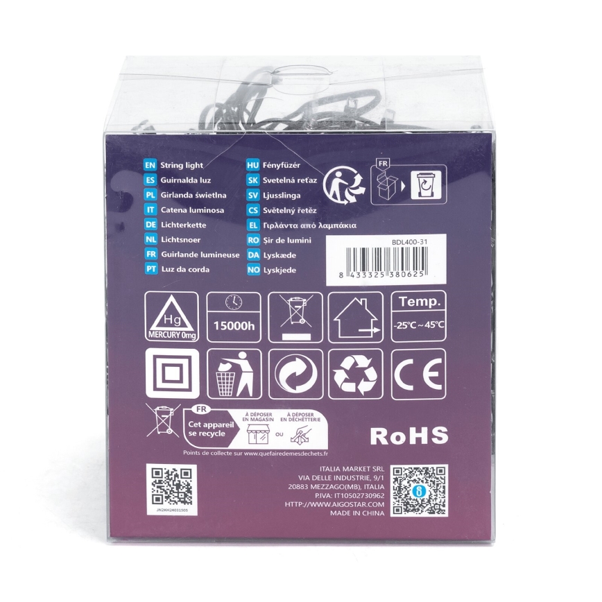 Aigostar - LED Lauko Kalėdinė girlianda 400xLED/8 funkcijos 23m IP44 šilta balta
