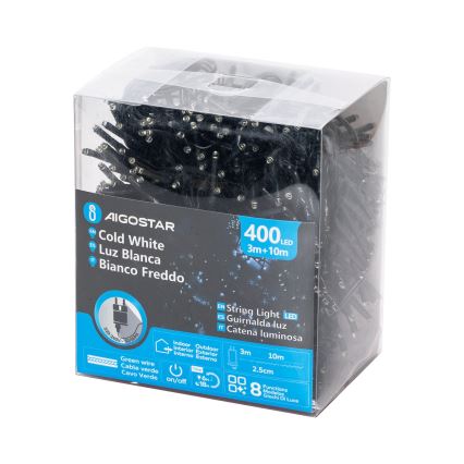 Aigostar - LED lauko kalėdinė girlianda 400xLED/8 funkcijų 13m IP44 šaltai balta
