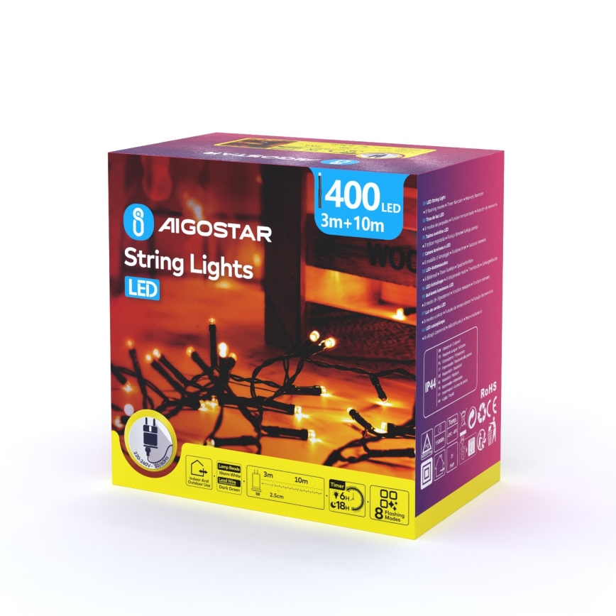 Aigostar - LED Lauko kalėdinė girlianda 400xLED/8 funkcijų 13m IP44 šiltai balta