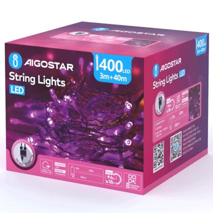 Aigostar - LED lauko kalėdinė girlianda 400xLED/8 funkcijų 43m IP44 rožinė