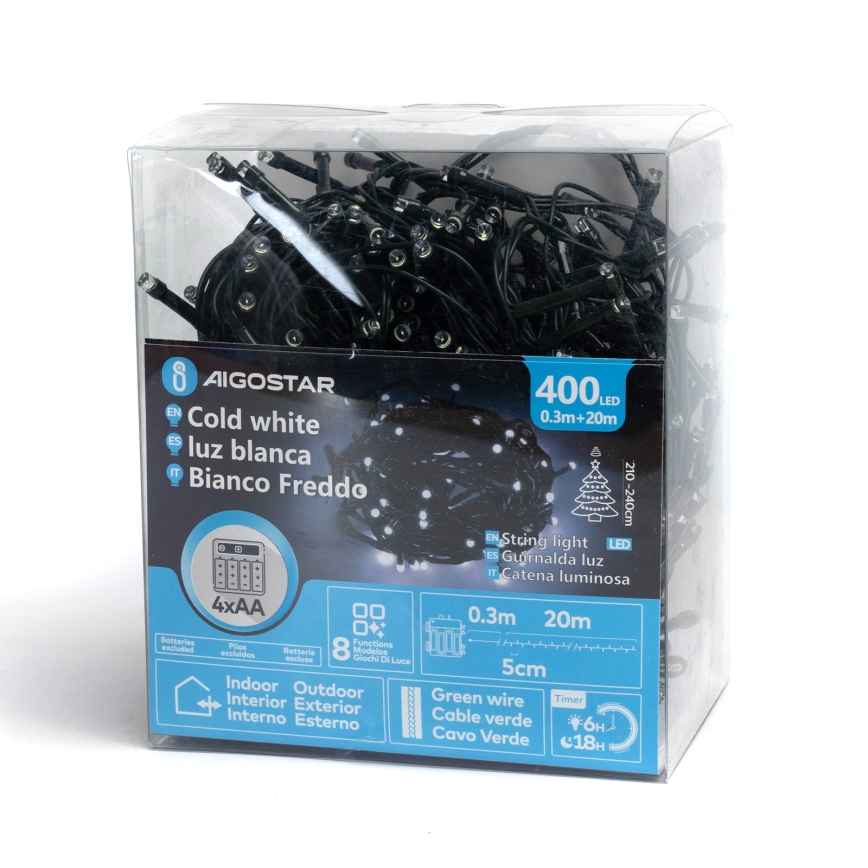 Aigostar - LED lauko kalėdinė girlianda 400xLED/8 funkcijų 4xAA 20,3 m IP44 šaltai balta