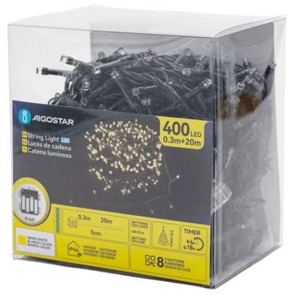 Aigostar - LED lauko kalėdinė girlianda 400xLED/8 funkcijų 4xAA 20,3 m IP44 šilta balta