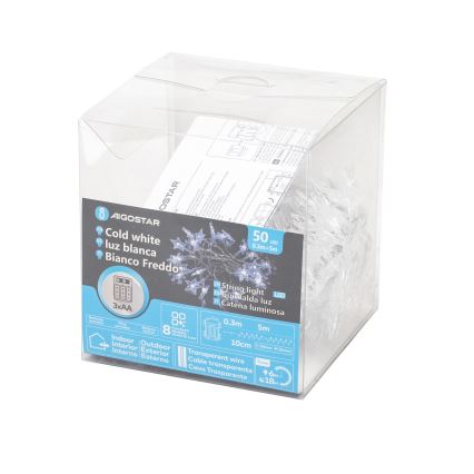 Aigostar - LED lauko kalėdinė girlianda, 50 LED, 8 funkcijos, 3×AA, 5 m, IP44, šaltai balta
