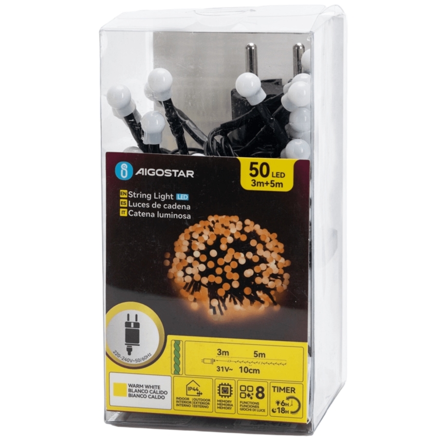 Aigostar - LED lauko kalėdinė girlianda, 50 LED, 8 režimai, 8 m, IP44, šilta balta