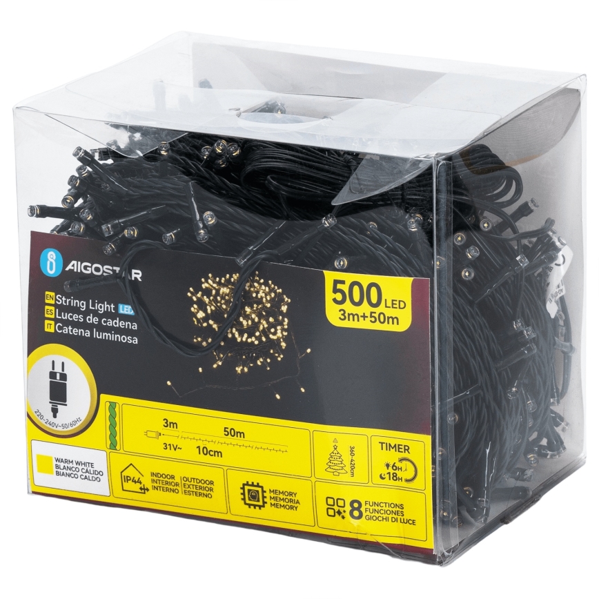 Aigostar - LED Lauko kalėdinė girlianda 500xLED/8 funkcijų 50m IP44 šilta balta