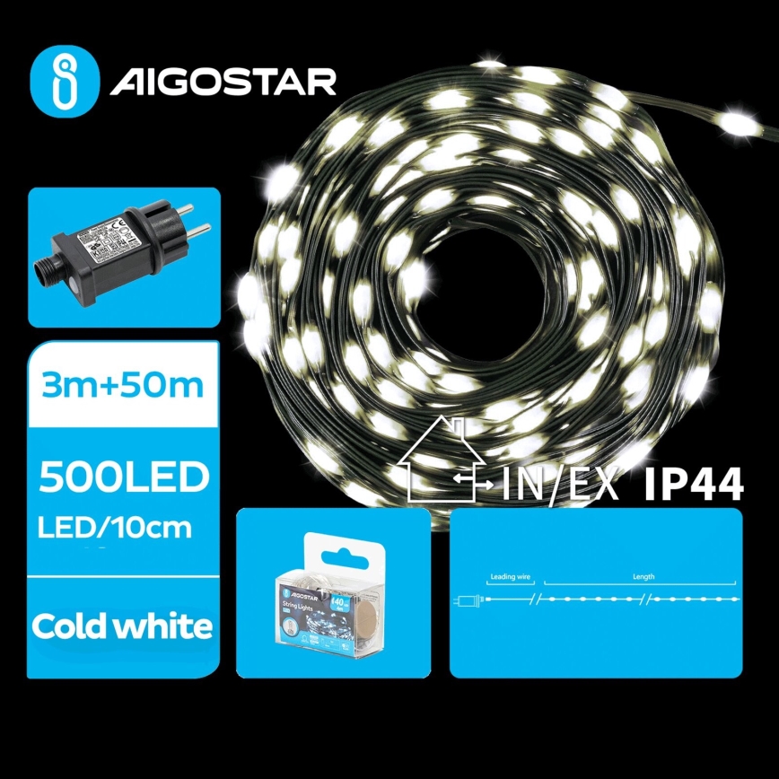 Aigostar - LED Lauko Kalėdinė girlianda 500xLED/8 funkcijos 53m IP44 šalta balta