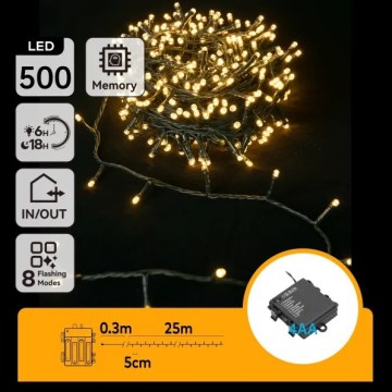 Aigostar - LED lauko kalėdinė girlianda 500xLED/8 funkcijų 4xAA 25,3 m IP44 šiltai balta