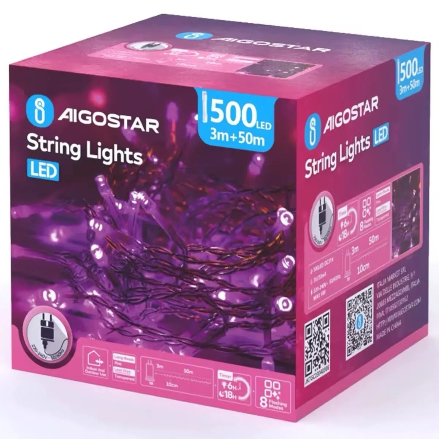 Aigostar - LED lauko kalėdinė girlianda 500xLED/8 funkcijų 53m IP44 rožinė