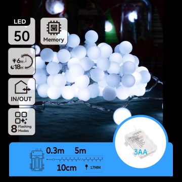 Aigostar - LED lauko kalėdinė girlianda 50xLED/3xAA/8 funkcijų 5,3 m IP44 šalta balta