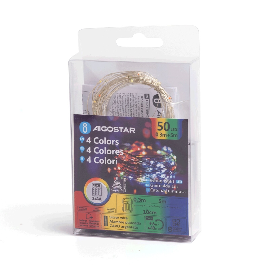 Aigostar - LED Lauko Kalėdinė girlianda 50xLED/8 funkcijos 3xAA 5,3m IP44 daugiaspalvė