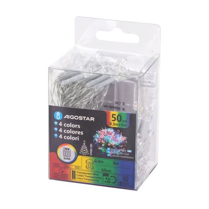 Aigostar - LED Lauko Kalėdinė girlianda 50xLED/8 funkcijos 3xAA 5,3m IP44 daugiaspalvė