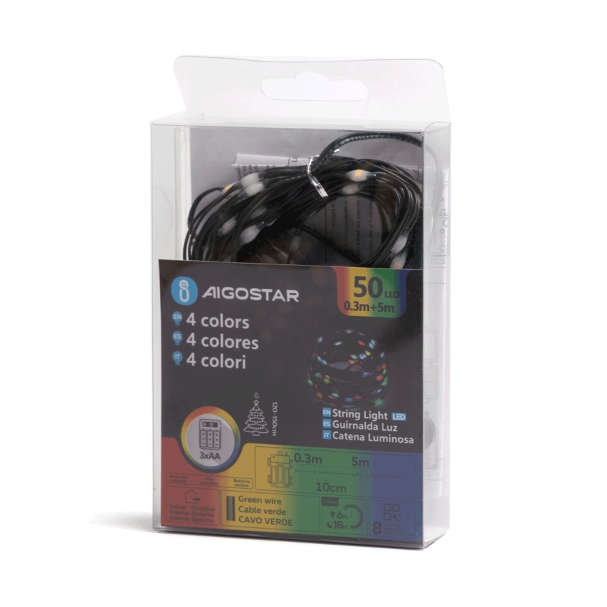 Aigostar - LED Lauko Kalėdinė girlianda 50xLED/8 funkcijos 3xAA 5,3m IP44 daugiaspalvė