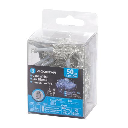 Aigostar -LED Lauko Kalėdinė girlianda 50xLED/8 funkcijos 3xAA 5,3m IP44 šalta balta