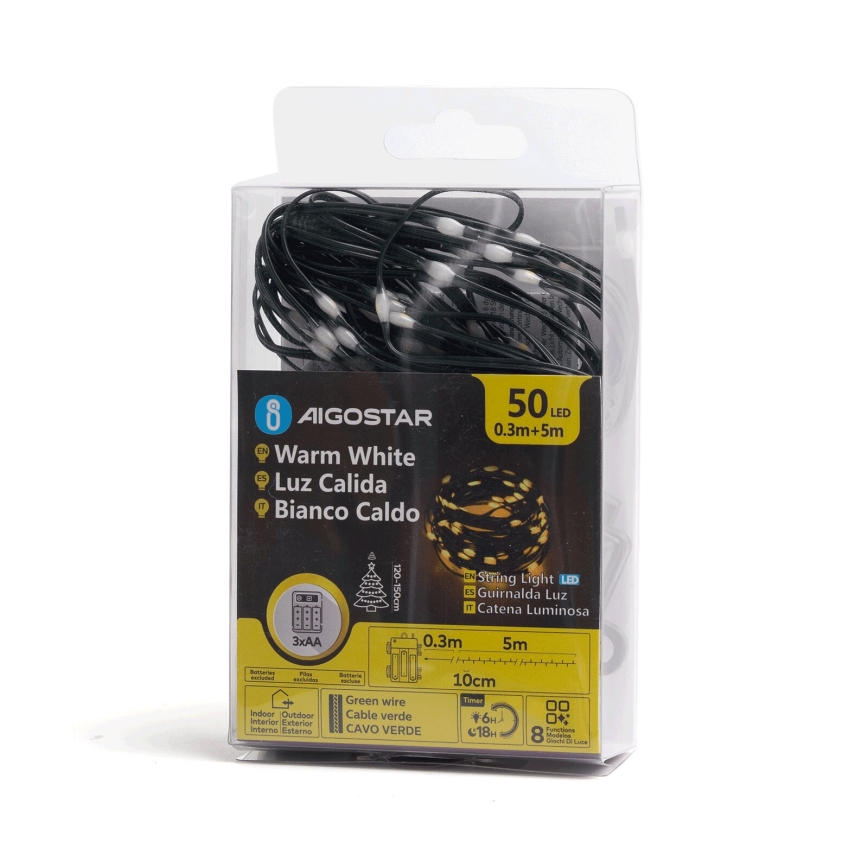Aigostar - LED Lauko Kalėdinė girlianda 50xLED/8 funkcijos 3xAA 5,3m IP44 šilta balta