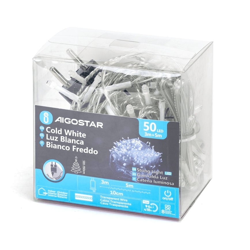 Aigostar - LED Lauko Kalėdinė girlianda 50xLED/8 funkcijos 8m IP44 šalta balta