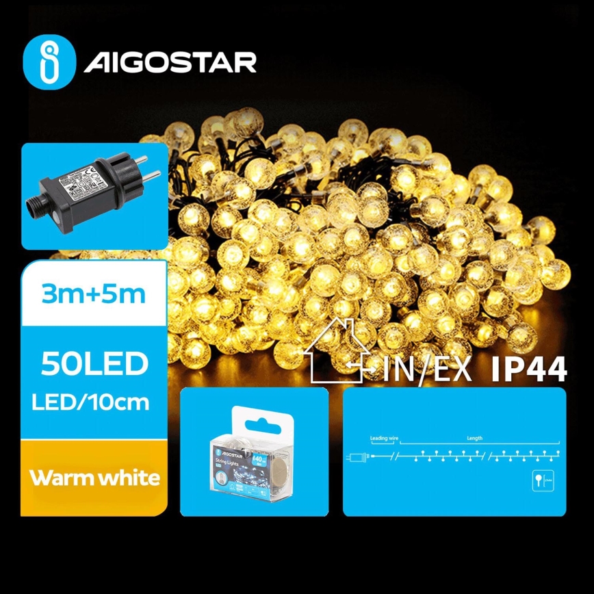 Aigostar - LED Lauko Kalėdinė girlianda 50xLED/8 funkcijos 8m IP44 šilta balta