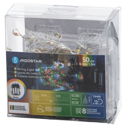 Aigostar - LED Lauko kalėdinė girlianda 50xLED/8 funkcijų 3xAA 1,8m IP44 daugiaspalvis